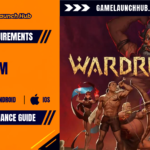Promotional header banner for the Wardrum system requirements and performance guide by Game Launch Hub, featuring hardware availability icons for PC, Android, and iOS alongside key promotional artwork showing a towering, wild-eyed chieftain playing a war drum above a group of tribal warriors and archers, topped with rugged bone-styled text reading "WARDRUM".