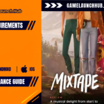 Promotional header banner for the Mixtape system requirements and performance guide by Game Launch Hub, featuring hardware availability icons for PC, Android, and iOS alongside key promotional artwork showing three friends dressed in casual 1990s attire, with one holding a pink skateboard, topped with white script text reading "Mixtape".