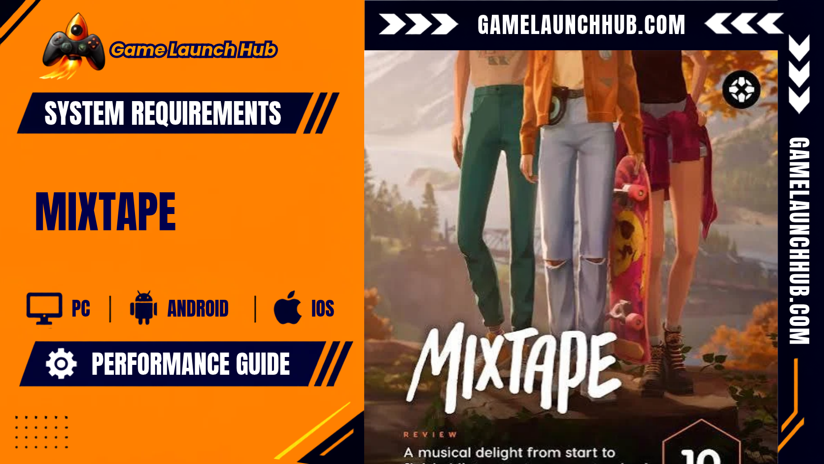 Promotional header banner for the Mixtape system requirements and performance guide by Game Launch Hub, featuring hardware availability icons for PC, Android, and iOS alongside key promotional artwork showing three friends dressed in casual 1990s attire, with one holding a pink skateboard, topped with white script text reading "Mixtape".
