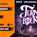 Promotional header banner for the Turnbound system requirements and performance guide by Game Launch Hub, featuring hardware availability icons for PC, Android, and iOS alongside key promotional artwork showing a glowing hand reaching out from a haunted board game with item tiles floating around stylized purple typography reading "TURNBOUND".