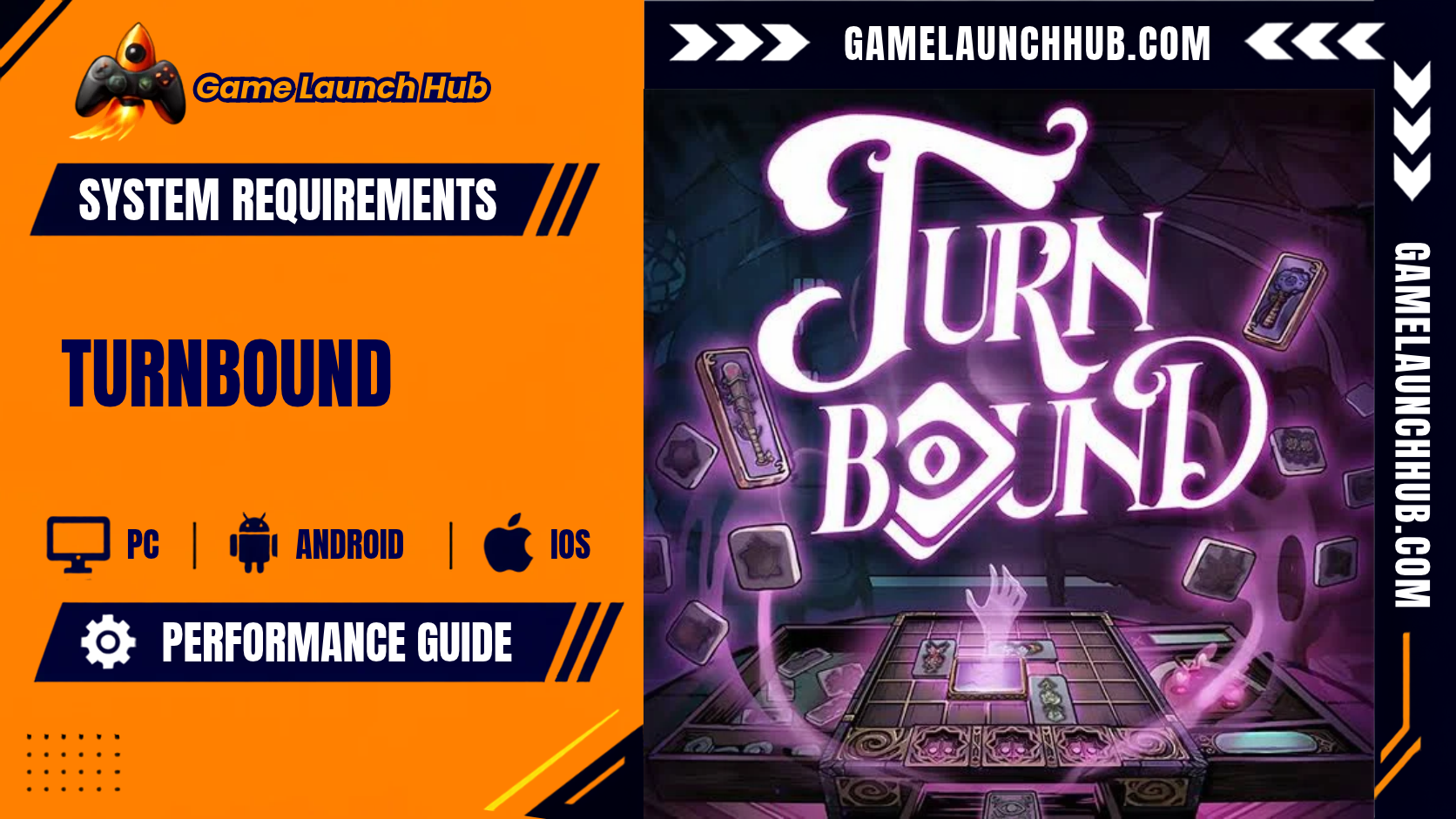 Promotional header banner for the Turnbound system requirements and performance guide by Game Launch Hub, featuring hardware availability icons for PC, Android, and iOS alongside key promotional artwork showing a glowing hand reaching out from a haunted board game with item tiles floating around stylized purple typography reading "TURNBOUND".