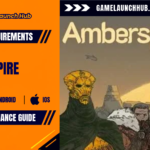 Promotional header banner for the Amberspire system requirements and performance guide by Game Launch Hub, featuring hardware availability icons for PC, Android, and iOS alongside key promotional artwork showing a golden mask wearing figure and a fur-cloaked warrior against an alien landscape, with stylized white text reading "Amberspire".