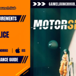 Promotional header banner for the MOTORSLICE system requirements and performance guide by Game Launch Hub, featuring platform icons for PC, Android, and iOS alongside key promotional artwork showing the protagonist P leaning against her sword with a floating orb drone in a brutalist sci-fi megastructure, below stylized text reading "MOTORSLICE".