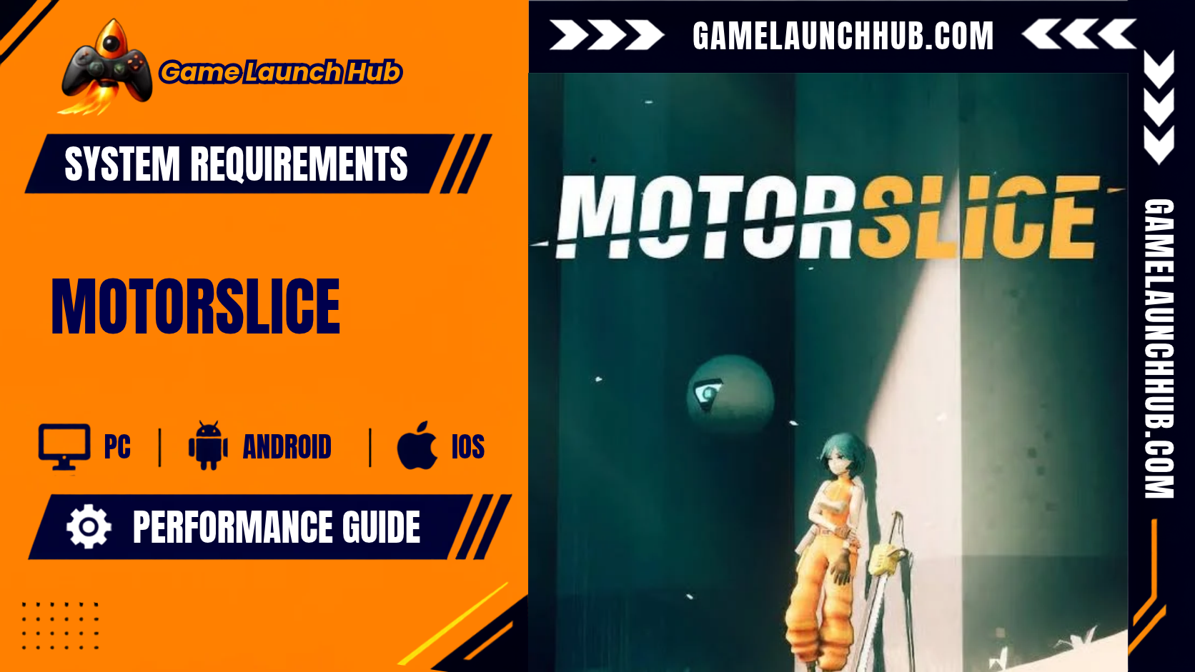 Promotional header banner for the MOTORSLICE system requirements and performance guide by Game Launch Hub, featuring platform icons for PC, Android, and iOS alongside key promotional artwork showing the protagonist P leaning against her sword with a floating orb drone in a brutalist sci-fi megastructure, below stylized text reading "MOTORSLICE".