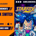 Promotional header banner for the Star Fox Switch 2 system requirements guide by Game Launch Hub, displaying device compatibility icons for PC, Android, and iOS alongside retro key art featuring Fox McCloud, Falco, Peppy, Slippy, Fay, and Miyu in front of Arwing starfighters, set below the purple and silver "STAR FOX 2" title logo.