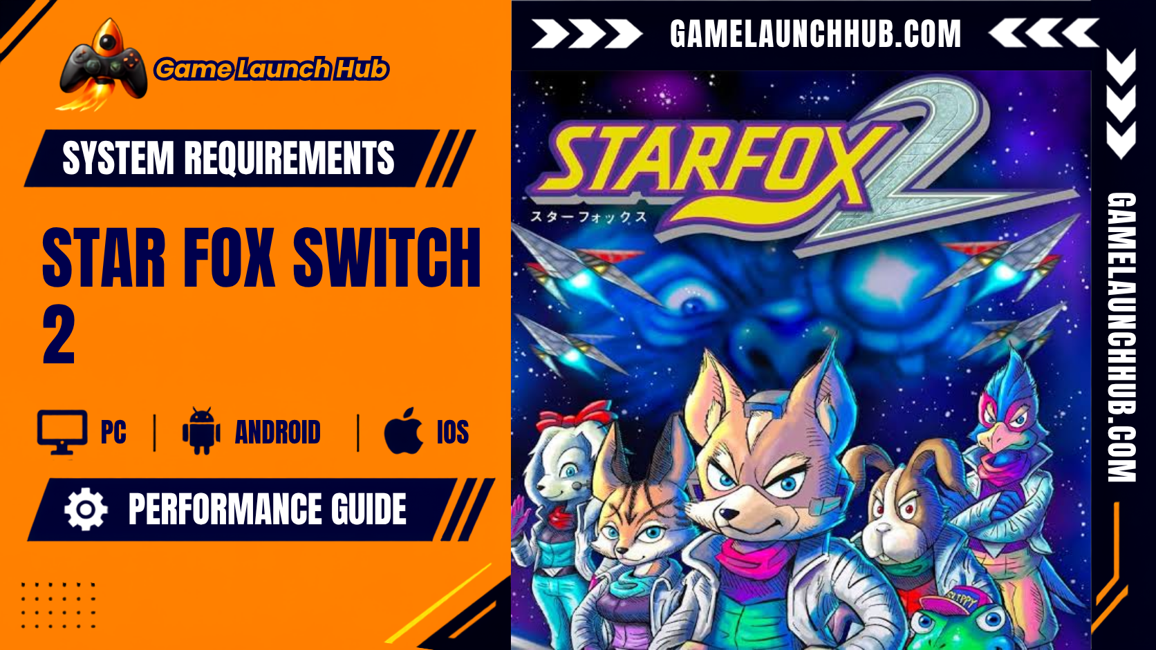 Promotional header banner for the Star Fox Switch 2 system requirements guide by Game Launch Hub, displaying device compatibility icons for PC, Android, and iOS alongside retro key art featuring Fox McCloud, Falco, Peppy, Slippy, Fay, and Miyu in front of Arwing starfighters, set below the purple and silver "STAR FOX 2" title logo.