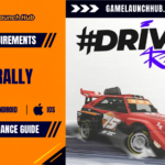 Promotional header banner for the #DRIVE Rally system requirements guide by Game Launch Hub, featuring platform compatibility icons for PC, Android, and iOS alongside stylized artwork of a red 1990s-style rally car marked with number 75 drifting, set below the black and purple "#DRIVE RALLY" logo.