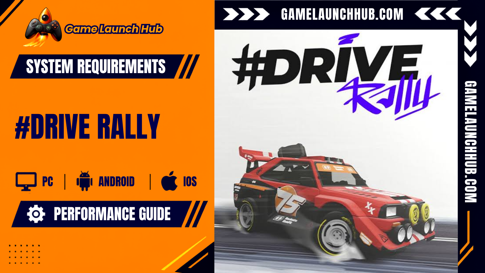 Promotional header banner for the #DRIVE Rally system requirements guide by Game Launch Hub, featuring platform compatibility icons for PC, Android, and iOS alongside stylized artwork of a red 1990s-style rally car marked with number 75 drifting, set below the black and purple "#DRIVE RALLY" logo.