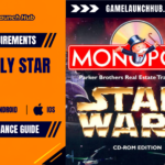 Promotional header banner for the Monopoly: Star Wars Heroes vs. Villains system requirements and performance guide by Game Launch Hub, displaying platform icons for PC, Android, and iOS alongside retro box artwork from the 1997 Monopoly Star Wars CD-ROM Edition showing Rich Uncle Pennybags in front of the gold Star Wars logo.