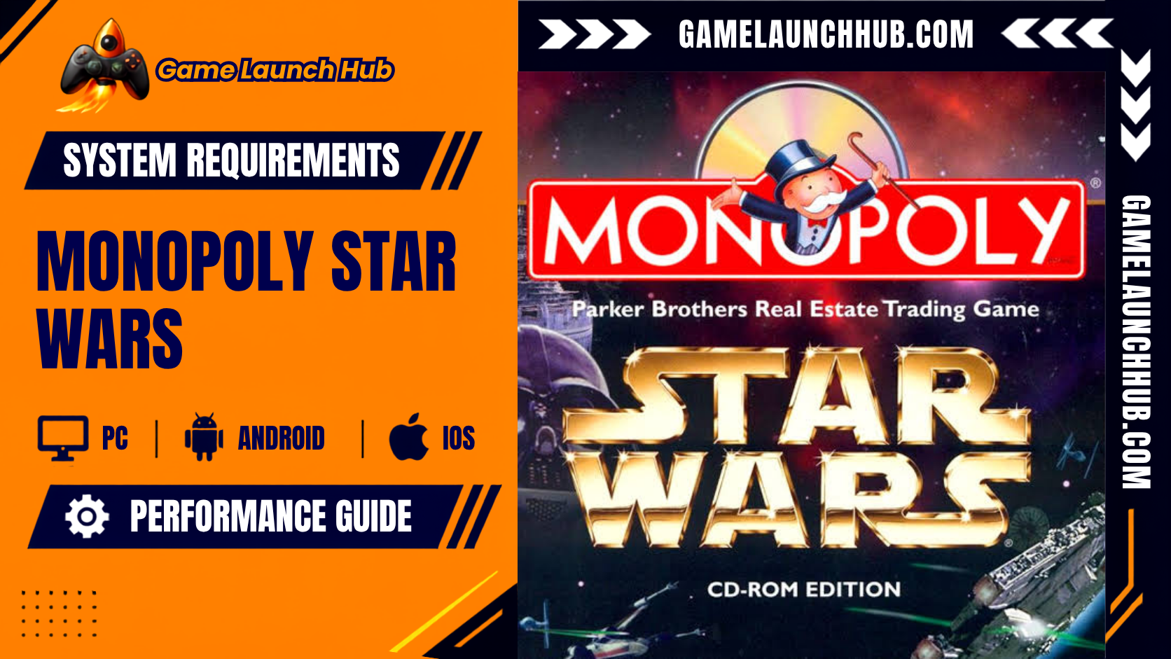 Promotional header banner for the Monopoly: Star Wars Heroes vs. Villains system requirements and performance guide by Game Launch Hub, displaying platform icons for PC, Android, and iOS alongside retro box artwork from the 1997 Monopoly Star Wars CD-ROM Edition showing Rich Uncle Pennybags in front of the gold Star Wars logo.