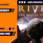 Promotional header banner for the Riven system requirements and performance guide by Game Launch Hub, featuring hardware availability icons for PC, Android, and iOS alongside key promotional artwork displaying the colossal golden Starry Dome on Riven's rocky cliffs beneath stylized text reading "RIVEN: THE SEQUEL TO MYST".