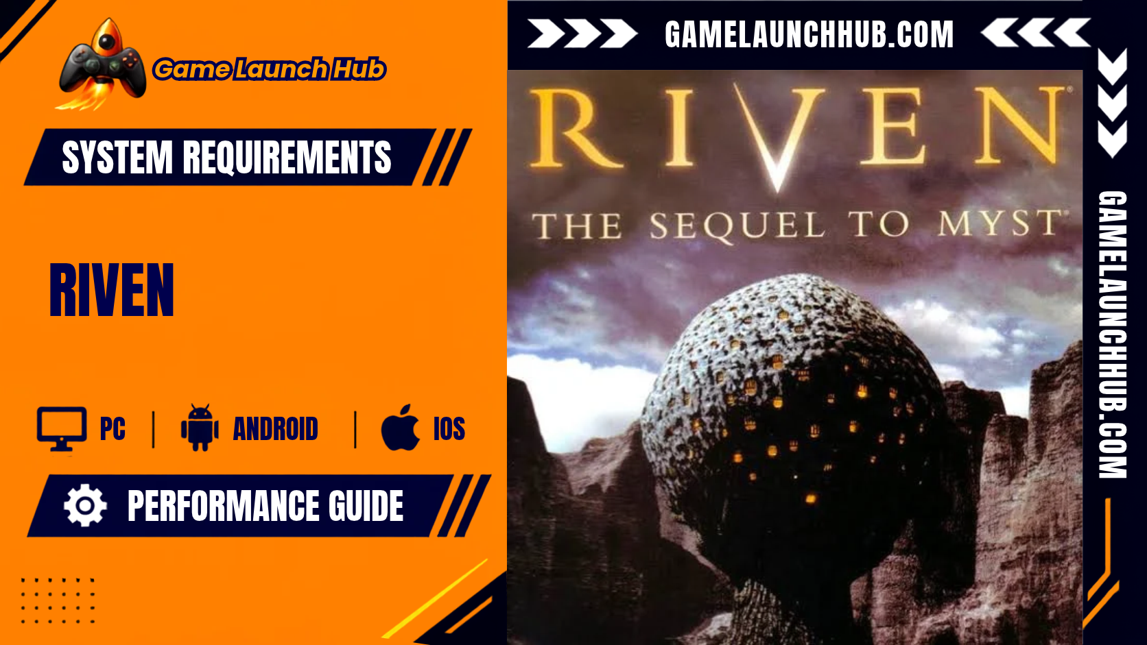 Promotional header banner for the Riven system requirements and performance guide by Game Launch Hub, featuring hardware availability icons for PC, Android, and iOS alongside key promotional artwork displaying the colossal golden Starry Dome on Riven's rocky cliffs beneath stylized text reading "RIVEN: THE SEQUEL TO MYST".