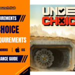Promotional header banner for Underchoice system requirements by Game Launch Hub, displaying key art of a fedora-wearing man standing outside a heavy underground bunker door alongside PC, Android, and iOS platform compatibility icons.