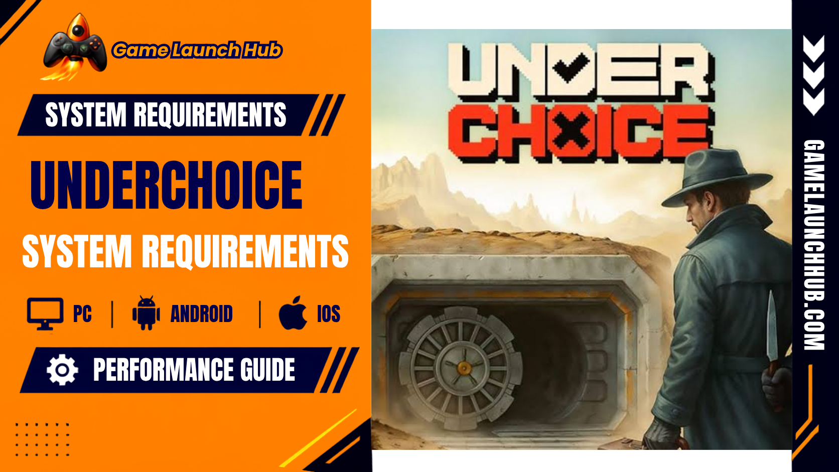 Promotional header banner for Underchoice system requirements by Game Launch Hub, displaying key art of a fedora-wearing man standing outside a heavy underground bunker door alongside PC, Android, and iOS platform compatibility icons.