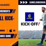 Promotional header graphic for the eFootball Kick-Off! system requirements and performance guide by Game Launch Hub, featuring platform icons for PC, Android, and iOS alongside the official eFootball Kick-Off! logo and artwork of Lionel Messi running on the pitch in an Argentina kit.