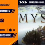 Promotional header banner for the Myst (PS5) system requirements and performance guide by Game Launch Hub, featuring hardware availability icons for PC, Android, and iOS alongside key promotional artwork showing Myst Island with its iconic library, clocktower, rocket ship, and a figure falling through a cloudy sky, with stylized dark serif text reading "MYST".