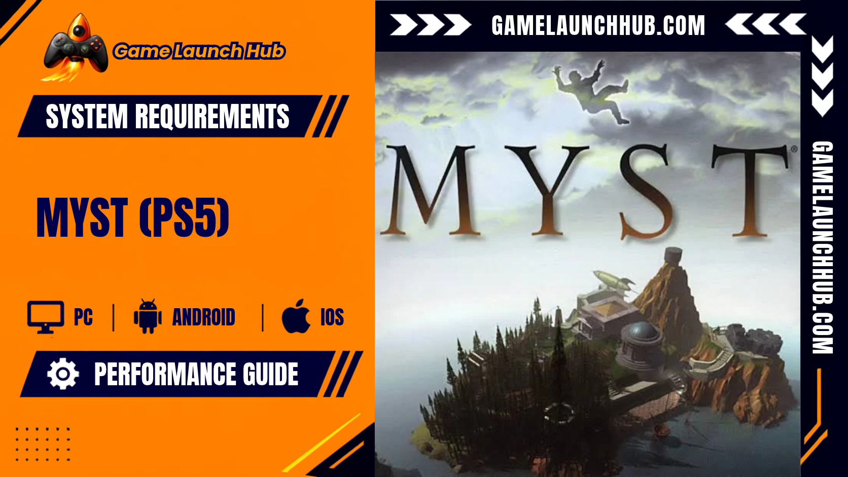 Promotional header banner for the Myst (PS5) system requirements and performance guide by Game Launch Hub, featuring hardware availability icons for PC, Android, and iOS alongside key promotional artwork showing Myst Island with its iconic library, clocktower, rocket ship, and a figure falling through a cloudy sky, with stylized dark serif text reading "MYST".