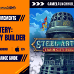 Promotional header banner for the Steel Artery: Train City Builder system requirements and performance guide by Game Launch Hub, featuring hardware availability icons for PC, Android, and iOS alongside key promotional pixel art showing a massive steampunk locomotive tower with red flags beneath stylized text reading "STEEL ARTERY TRAIN CITY BUILDER".