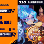 Promotional header banner for the Gold Gold Adventure Gold system requirements and performance guide by Game Launch Hub, featuring hardware availability icons for PC, Android, and iOS alongside key promotional artwork showing an anime-styled woman with blue hair holding a gold coin near a ornate golden emblem with stylized text reading "GOLD GOLD ADVENTURE GOLD".