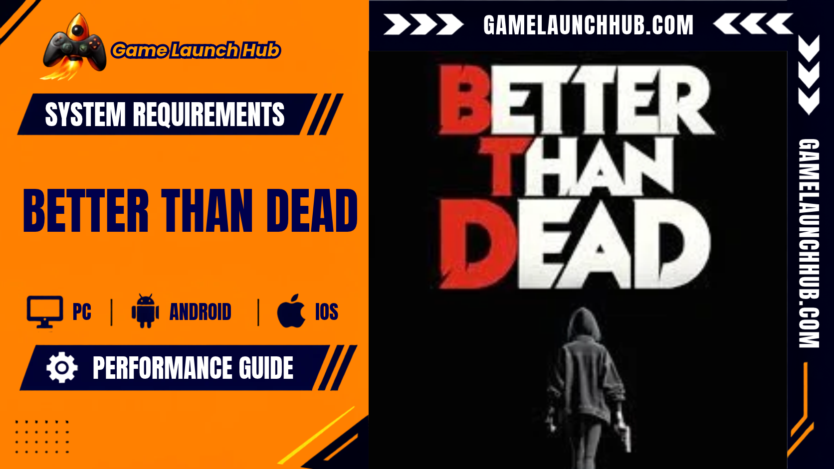 Promotional header banner for the Better Than Dead system requirements and performance guide by Game Launch Hub, featuring device availability icons for PC, Android, and iOS alongside key promotional artwork showing a back-facing view of a hooded figure holding a handgun against a dark background, topped with large red and white text reading "BETTER THAN DEAD".