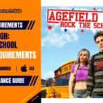 Promotional header banner for Agefield High: Rock the School system requirements by Game Launch Hub, displaying key artwork of two teenage students standing in front of a yellow school bus alongside PC, Android, and iOS platform compatibility icons.