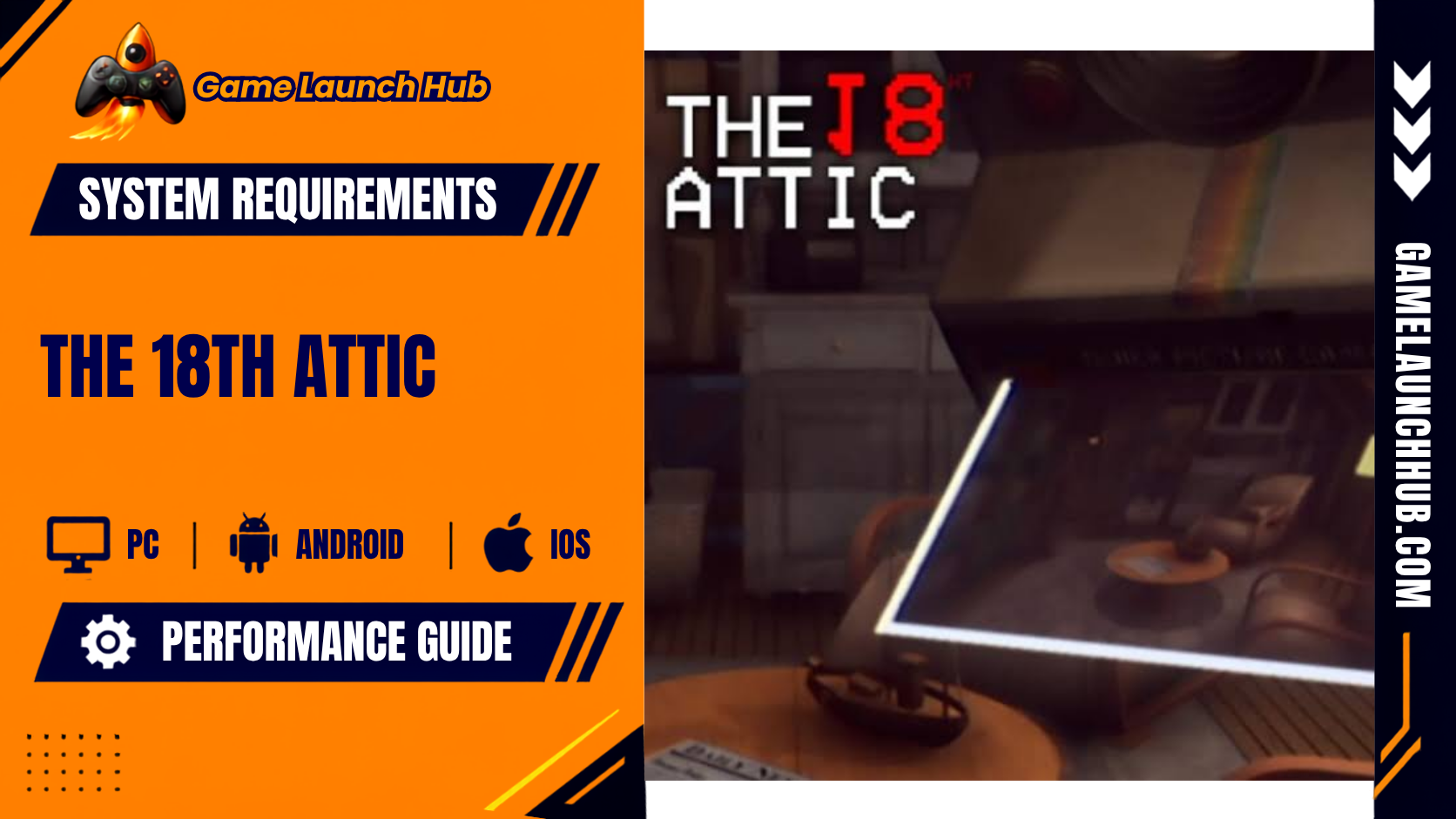 Promotional header banner for The 18th Attic system requirements by Game Launch Hub, displaying an instant picture camera ejecting a photograph of an attic interior alongside PC, Android, and iOS platform compatibility icons.