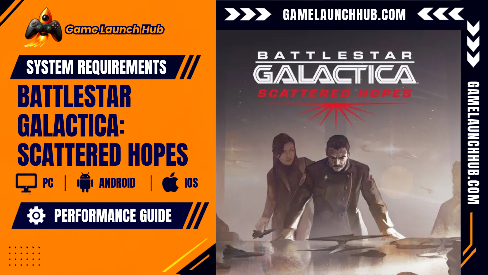 Promotional header banner for the Battlestar Galactica: Scattered Hopes system requirements and performance guide by Game Launch Hub, featuring device availability icons for PC, Android, and iOS alongside key promotional artwork showing two military officers leaning over a tactical planning table with ship models, topped with white and red text reading "BATTLESTAR GALACTICA: SCATTERED HOPES".