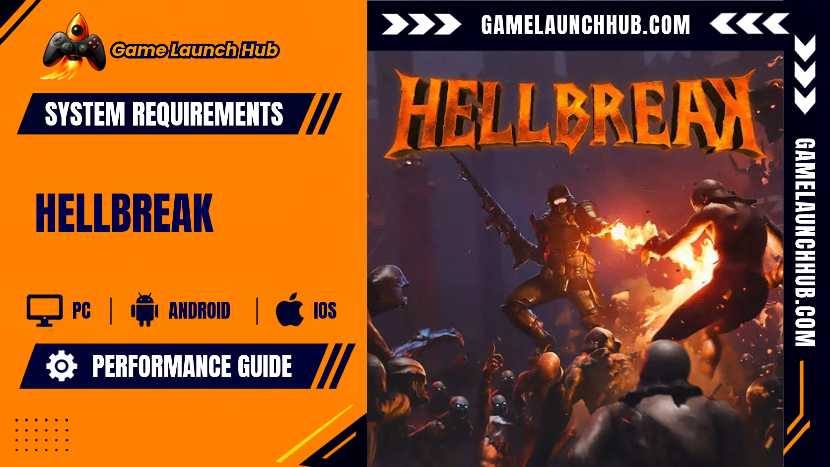 Promotional header banner for the HELLBREAK system requirements and performance guide by Game Launch Hub, featuring hardware availability icons for PC, Android, and iOS alongside key promotional artwork showing a soldier in a gas mask and combat gear fighting off demonic hordes amidst fiery explosions beneath stylized orange text reading "HELLBREAK".
