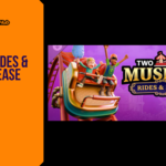 Promotional banner for the article "Two Point Museum: Rides & Relics Release Date 2026: Roller Coasters Come to Your Museum" by GameLaunchHub, featuring the expansion's official logo, cheerful characters riding a roller coaster car against a purple funfair background, and a solid orange sidebar on the left.
