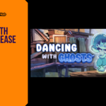 Promotional banner for the article "Dancing with Ghosts Release Date 2026: A Cozy Thai Adventure About Grief and Friendship" by GameLaunchHub, featuring the game's official logo, hand-drawn artwork of the characters Mai and the ghost Pim in front of a Thai riverside village, and a solid orange sidebar on the left.