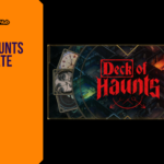 Promotional banner for the article "Deck of Haunts Release Date 2026: You Are the Haunted House in This Roguelike Deckbuilder" by GameLaunchHub, featuring the game's official logo, creepy mansion interiors framed by playing cards, and a solid orange sidebar on the left.