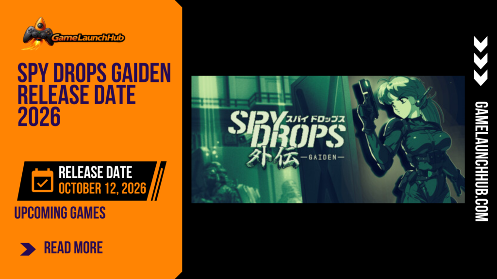 Promotional banner for the article "Spy Drops Gaiden Release Date 2026: Retro Game Boy Stealth Action Returns" by GameLaunchHub, featuring the game's stylized logo, a retro green-tinted gameplay scene with special agent Ripley holding a weapon, and a solid orange sidebar on the left.