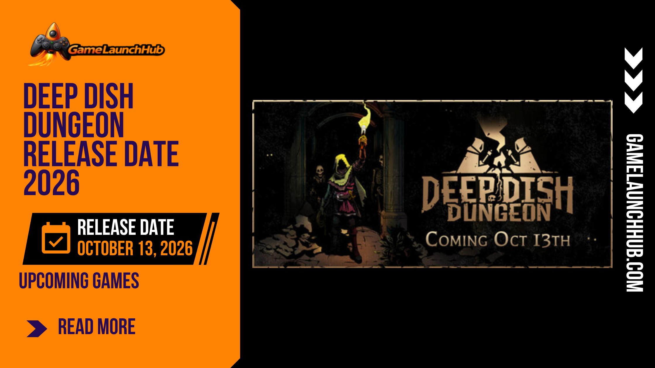 Promotional banner for the article "Deep Dish Dungeon Release Date 2026: A Cozy Survival Dungeon Crawler With Friends" by GameLaunchHub, featuring the game's official logo, dark fantasy artwork of an adventurer holding a torch inside a spooky dungeon, and a solid orange sidebar on the left.