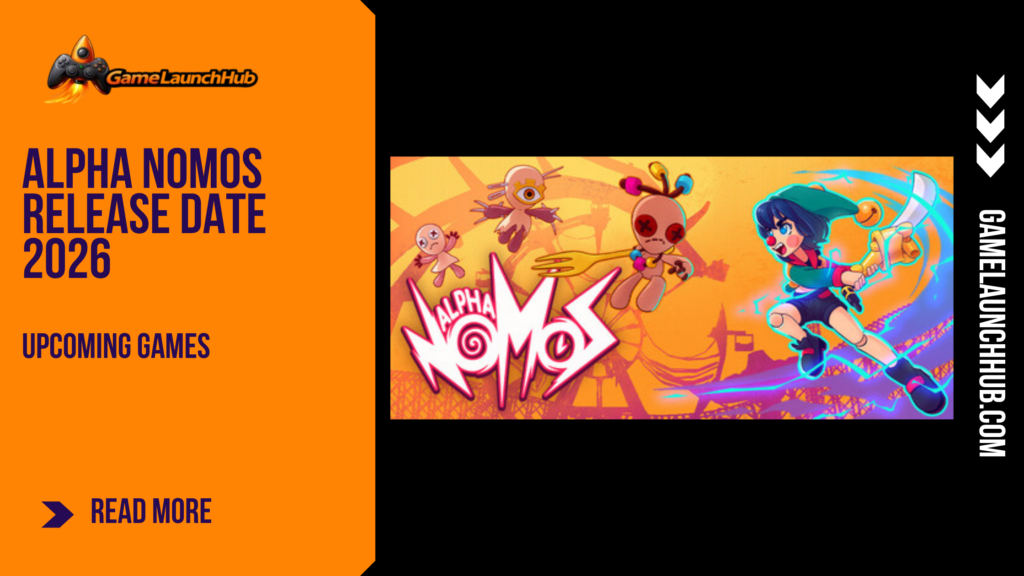 Promotional banner for the article "Alpha Nomos Release Date 2026: A Rhythm-Action Roguelite Where Music Is Your Weapon" by GameLaunchHub, featuring the game's official logo, puppetcore artwork with the protagonist Cello and corrupted puppet enemies, and a solid orange sidebar on the left.