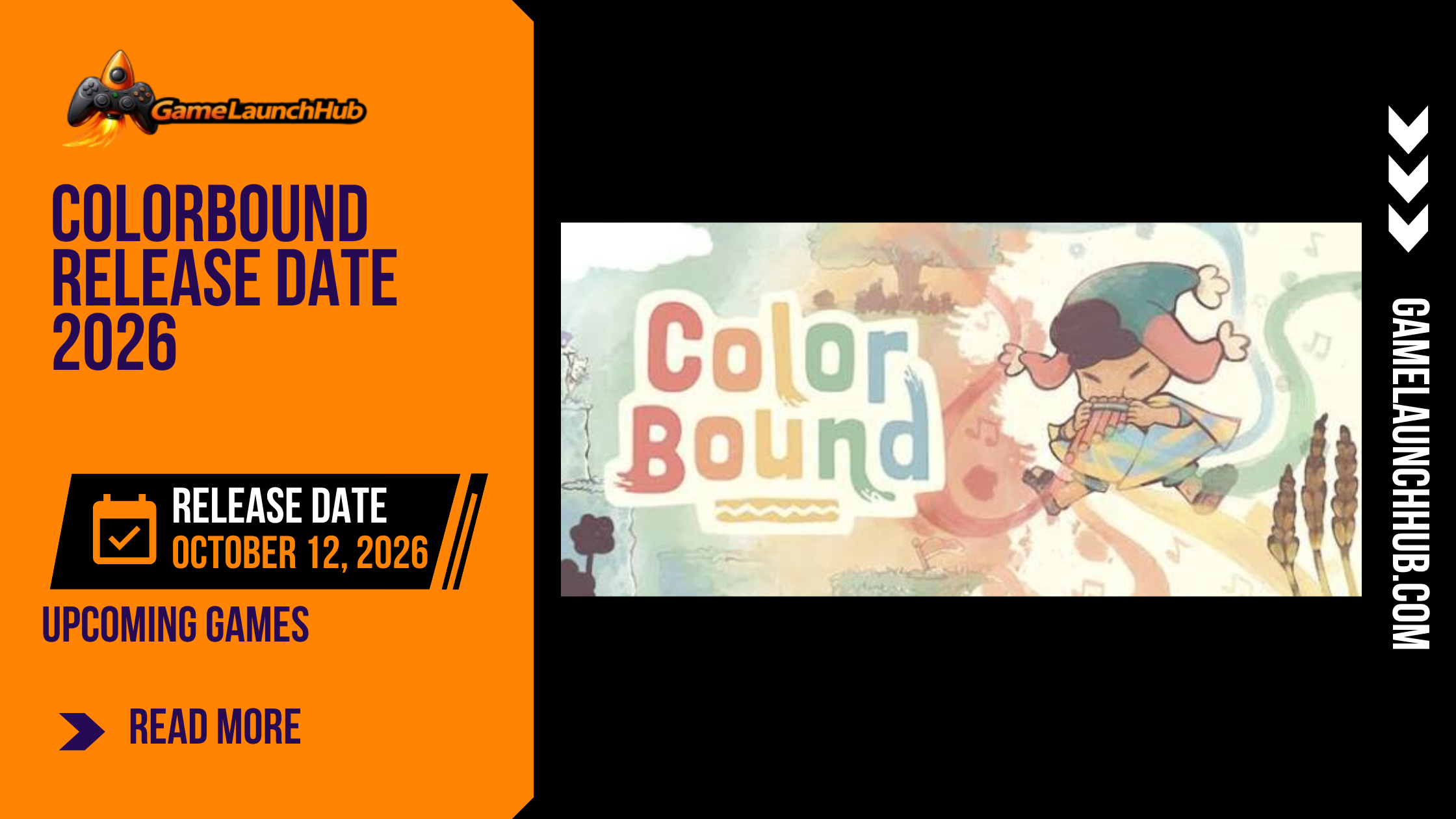 Promotional banner for the article "Colorbound Release Date 2026: A Colorful Puzzle Adventure Inspired by Aymara Culture" by GameLaunchHub, featuring the game's colorful stylized logo, artwork of a young Aymara boy named Anku playing a traditional panpipe, and a solid orange sidebar on the left.