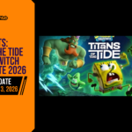 Promotional banner for the article "SpongeBob SquarePants: Titans of the Tide Nintendo Switch Release Date 2026: Everything You Need to Know" by GameLaunchHub, featuring the game's official logo, chaotic artwork of SpongeBob and Patrick fleeing from King Neptune and the Flying Dutchman, and a solid orange sidebar on the left.