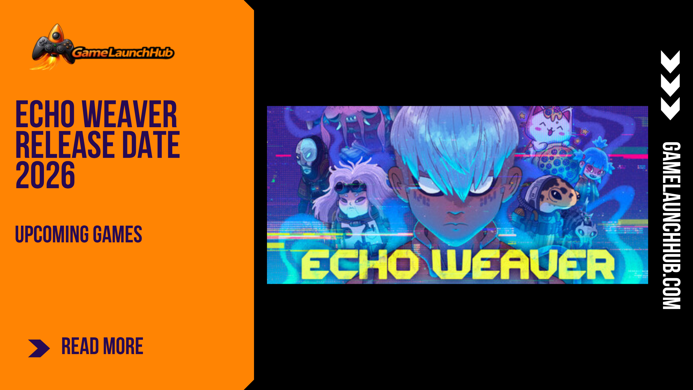 Promotional banner for the article "Echo Weaver Release Date 2026: A Time-Loop Metroidvania That Rewards Knowledge" by GameLaunchHub, featuring the game's bold yellow title logo, character artwork of the protagonist surrounded by various NPCs and creatures from the ruined world of Provenance, and a solid orange sidebar on the left.