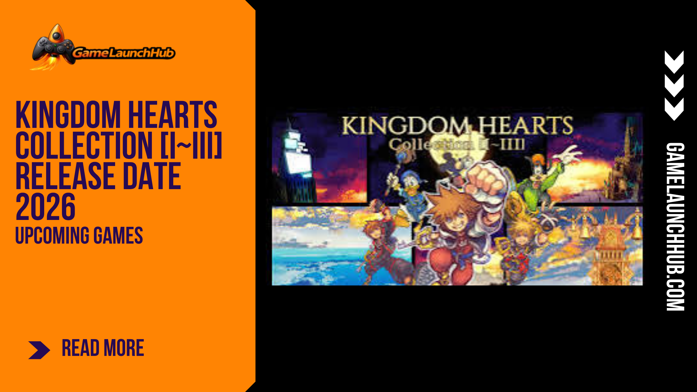 Promotional banner for the article "Kingdom Hearts Collection [I~III] Release Date 2026: The Complete Saga Finally Comes to Modern Consoles" by GameLaunchHub, featuring the game's official logo, a collage of Sora, Donald, and Goofy alongside classic worlds, and a solid orange sidebar on the left.