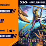 Header banner for the ChainStaff system requirements and performance guide by Game Launch Hub, featuring platform availability icons for PC, Android, and iOS on an orange left panel alongside key art of an alien warrior wielding a staff on a surreal, prog-rock inspired alien landscape.