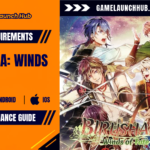 Header banner for the Birushana: Winds of Fate system requirements and performance guide by Game Launch Hub, displaying PC, Android, and iOS platform icons on an orange panel alongside key artwork of anime-style samurai character designs in a dynamic collage.