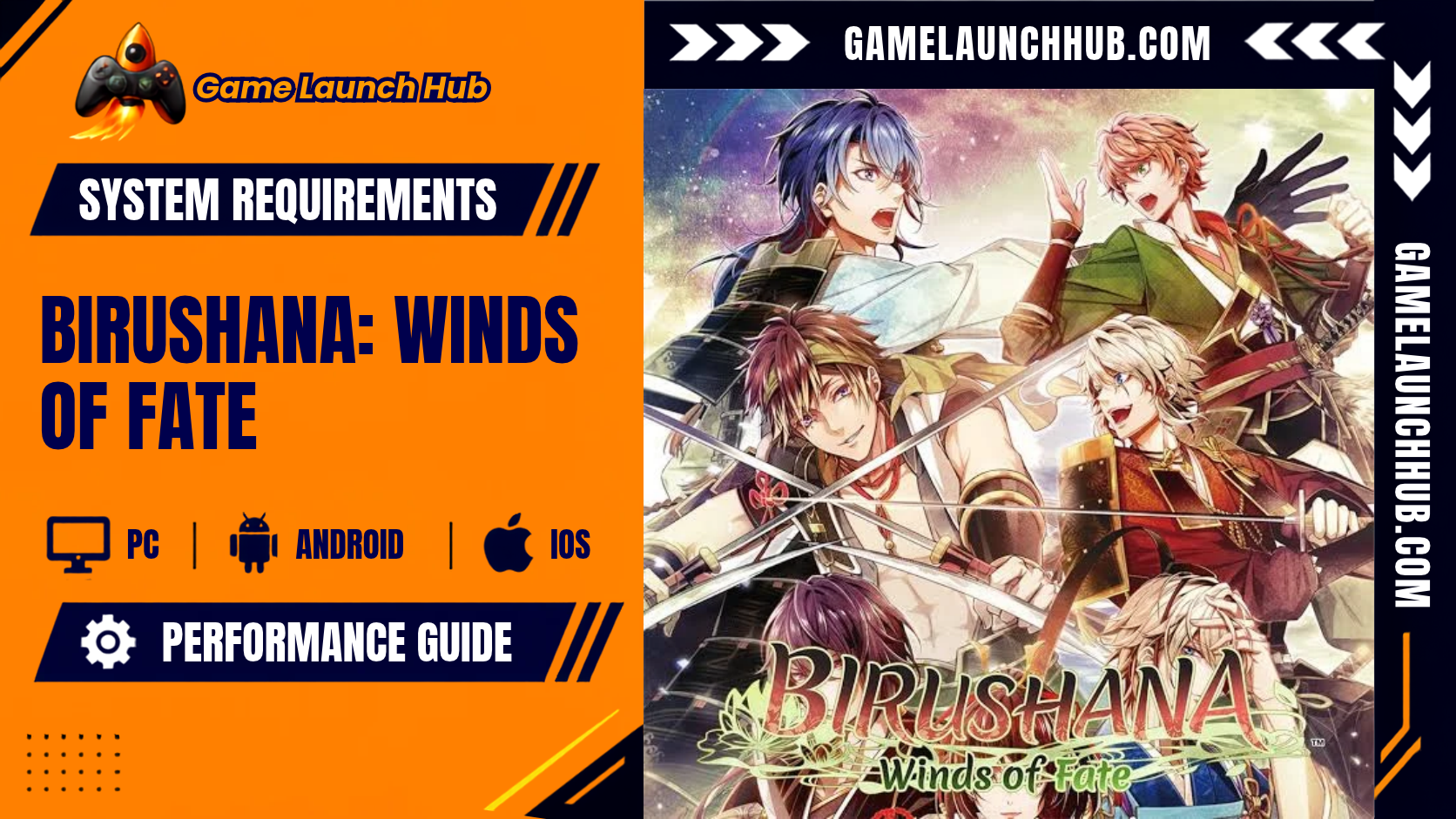 Header banner for the Birushana: Winds of Fate system requirements and performance guide by Game Launch Hub, displaying PC, Android, and iOS platform icons on an orange panel alongside key artwork of anime-style samurai character designs in a dynamic collage.