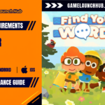 Header banner for the Find Your Words system requirements and performance guide by Game Launch Hub, displaying PC, Android, and iOS platform icons on an orange panel alongside key art depicting three stylized summer campers holding a communication binder in front of the game title logo "Find Your Words".