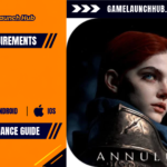 Header banner for the Annulus system requirements and performance guide by Game Launch Hub, featuring platform icons for PC, Android, and iOS on an orange left panel alongside key art of a pale, red-haired female mercenary in dark armor set against a dark backdrop above the game logo "ANNULUS".