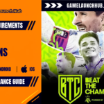 Header banner for the Beat The Champions system requirements and performance guide by Game Launch Hub, showing PC, Android, and iOS platform icons on an orange panel alongside key artwork featuring Argentine national football players and the official BTC and AFA logos.