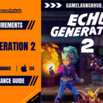 Header banner for the Echo Generation 2 system requirements and performance guide by Game Launch Hub, displaying PC, Android, and iOS platform icons on an orange panel alongside key artwork of voxel-style sci-fi heroes wielding futuristic weapons and magic.