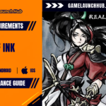 Header banner for the Realm of Ink system requirements and performance guide by Game Launch Hub, displaying PC, Android, and iOS platform icons on an orange panel alongside key artwork of the anime-style swordswoman Red in an ink-wash art style.